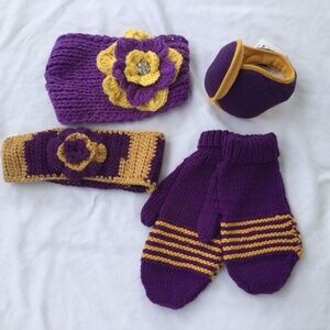 2 LSU Tigers Crochet Headbands, Fleece Ear Warmers, Crochet Gloves